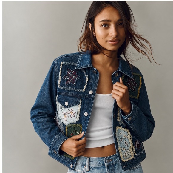 New Direction Jackets & Blazers - Boho Patchwork Embroidered Denim Jacket Womens L Blue Artsy Cottagecore Festival